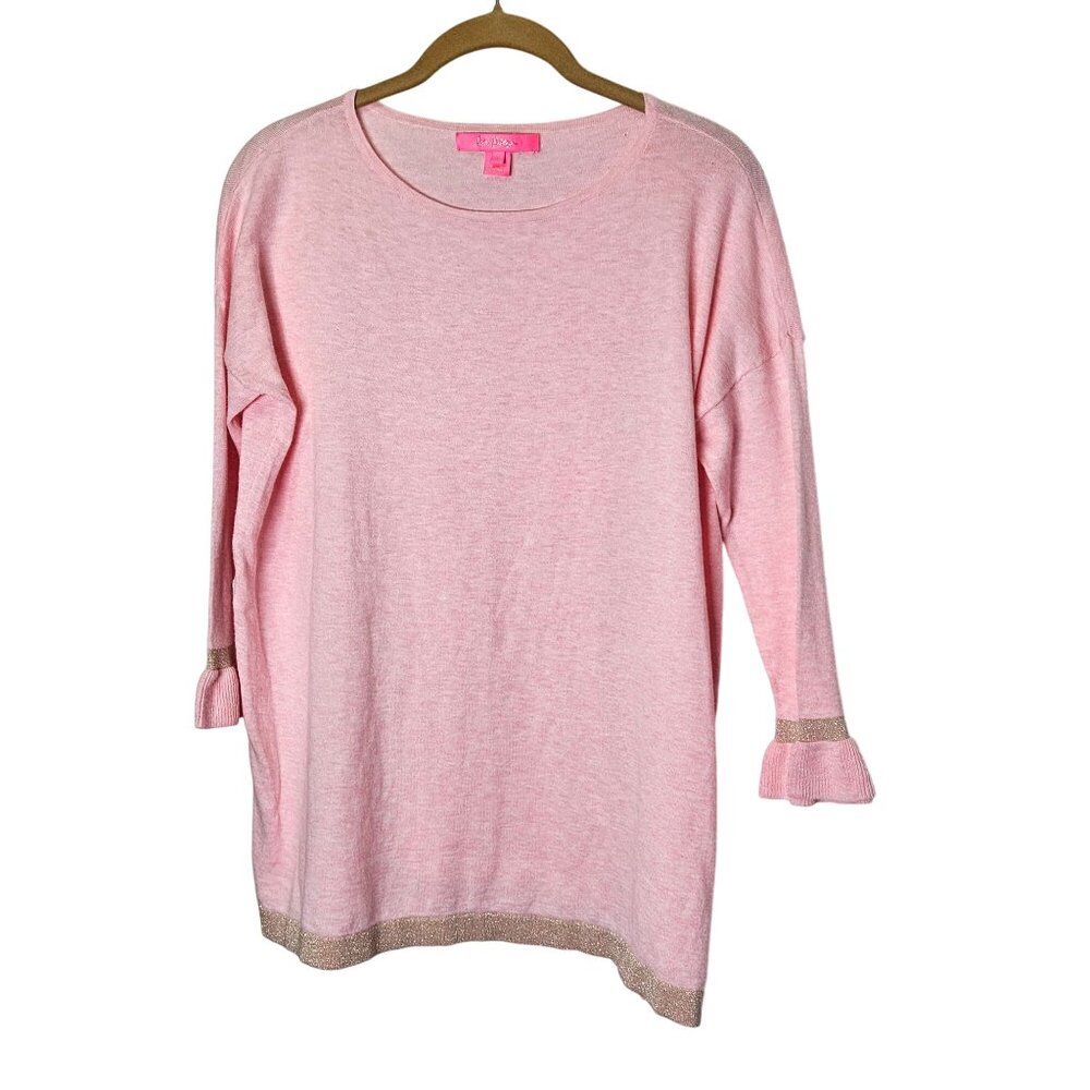 Lilly Pulitzer Pink 3/4 Sleeve Top Gold Trim Ruffle Cuffs XS Minimalist Workwear